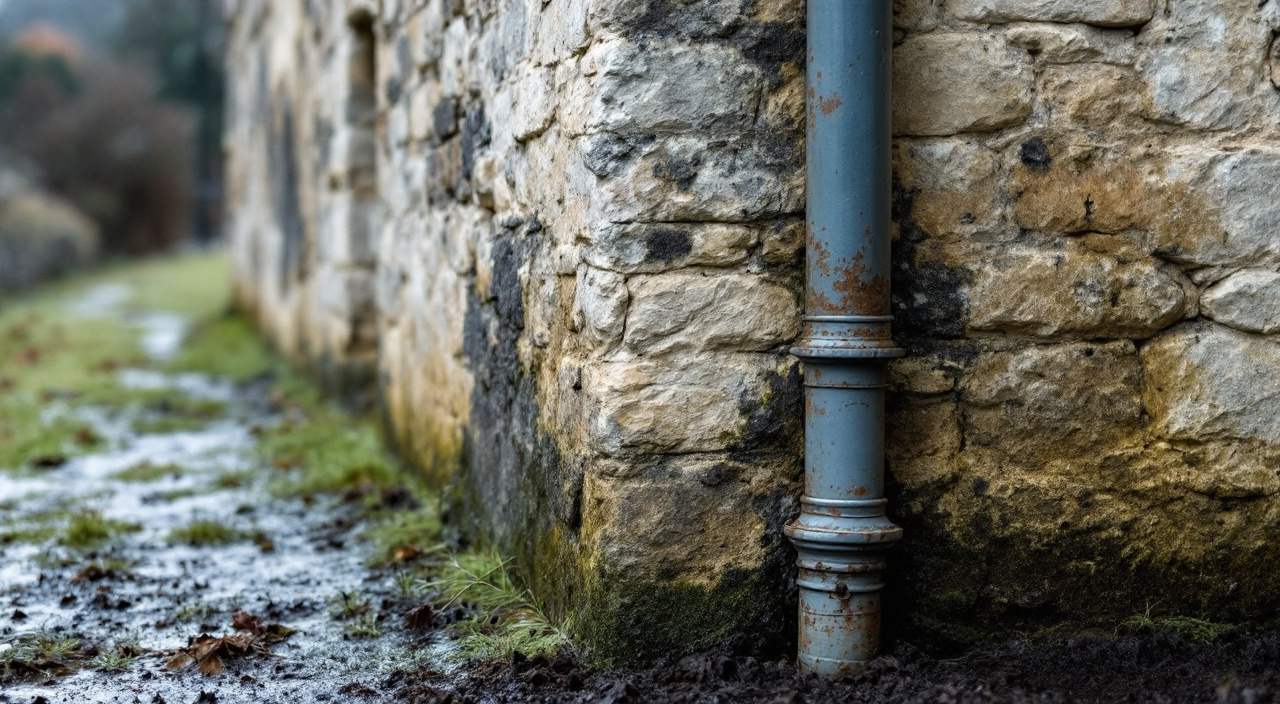 Bas d'un mur ancien en moellon et silex marqué par une trace d'humidité, dans une vallée sous la brume matinale