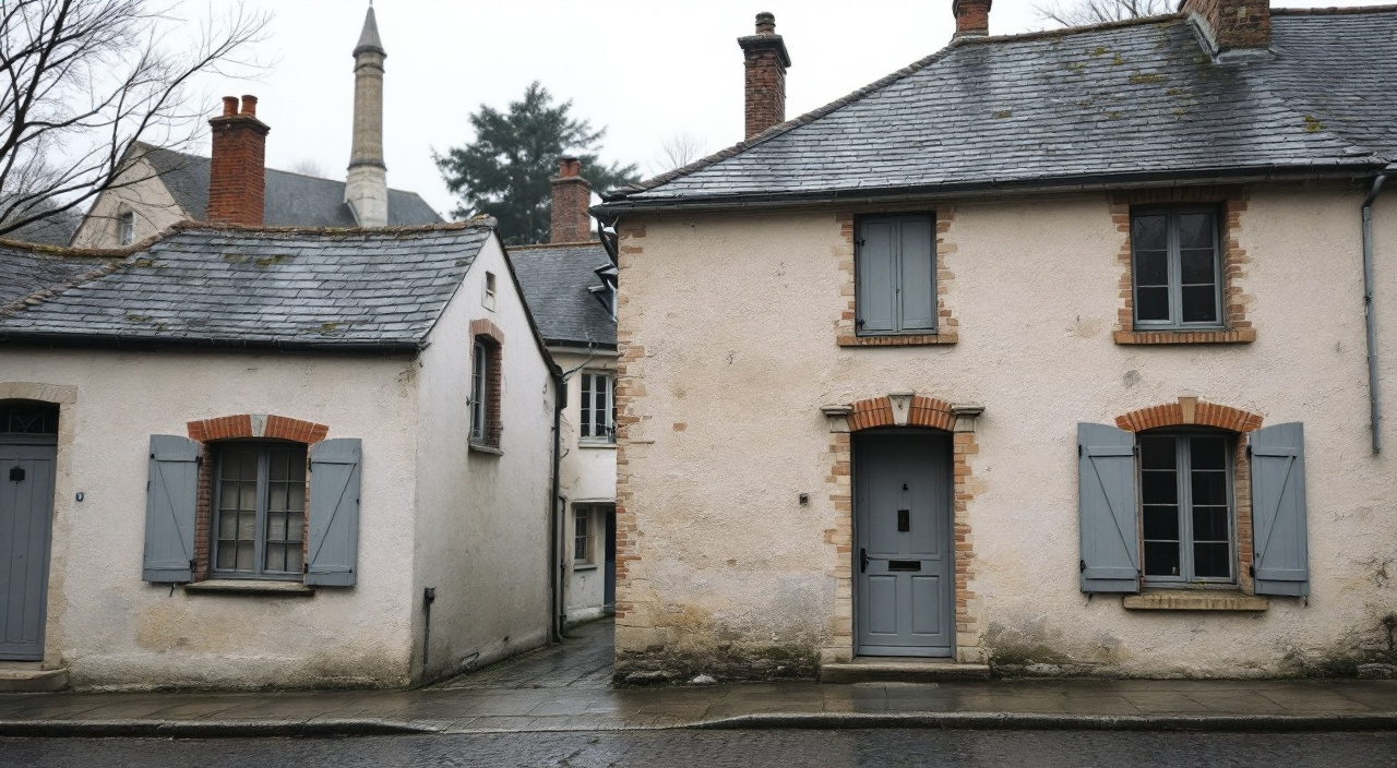 Façade enduite d'une maison de bourg à Anet, volets fermés, avec les toits d'ardoise du centre ancien en arrière-plan.