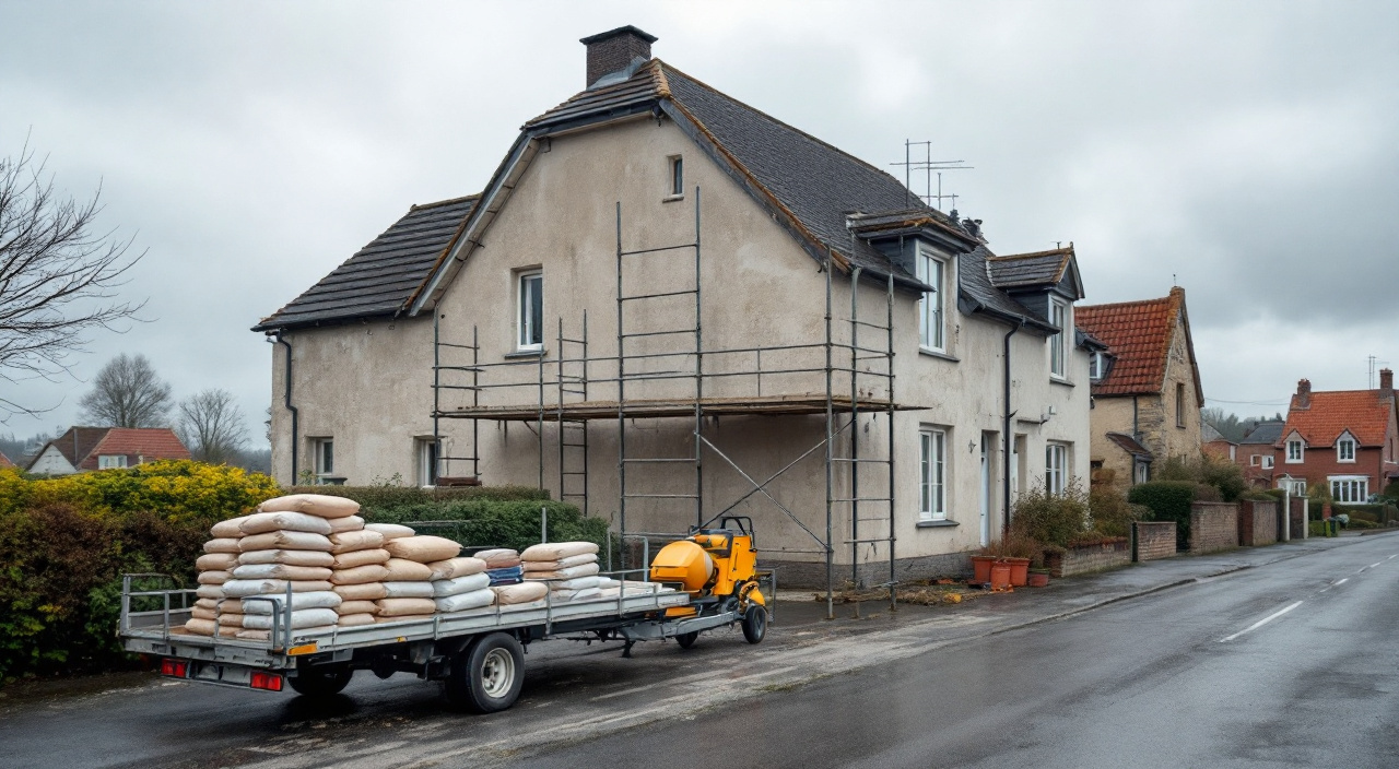 Échafaudage monté contre un pavillon enduit dans une rue de village, remorque chargée de sacs d'enduit au bord du trottoir.