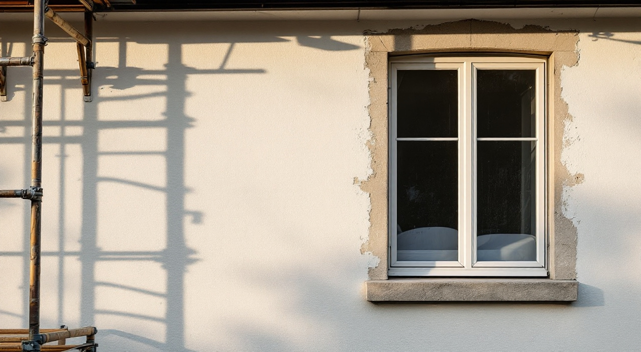 Façade enduite vue en lumière rasante, échafaudage encore monté le long du mur