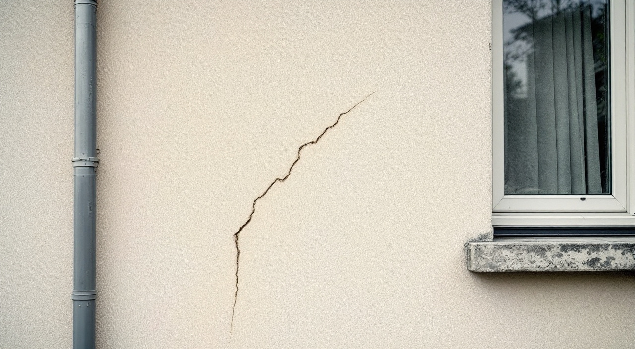 Fissure en escalier partant de l'angle haut d'une baie sur un enduit de pavillon des années 1970