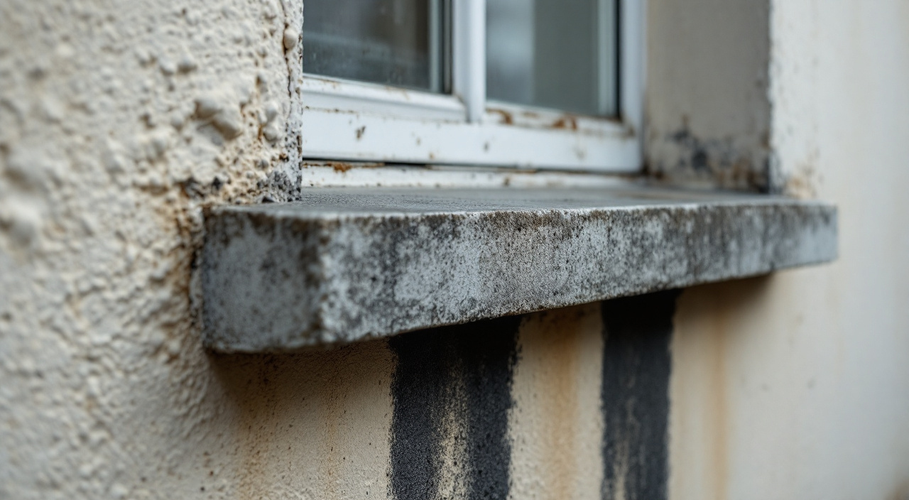 Appui de fenêtre en béton dont la rainure de sous-face est comblée par l'enduit, avec deux traînées sombres descendant sur la façade