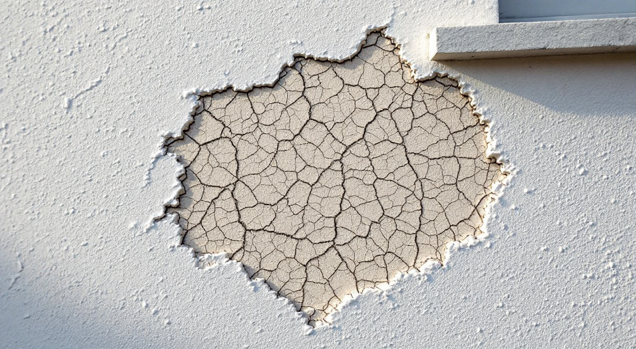 Réseau de microfissures en mailles sur une zone d'enduit de façade appliquée trop épais, le reste du mur restant lisse