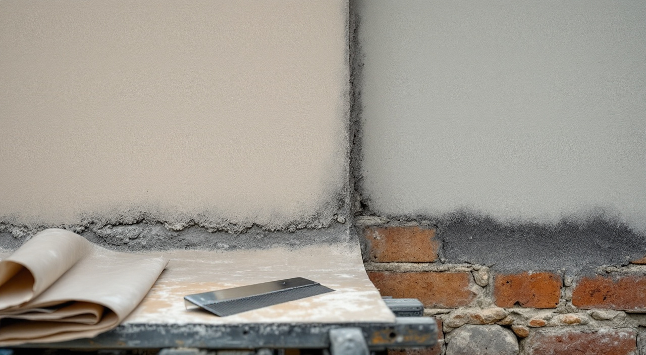 Façade normande à moitié enduite : la fine couche d'enduit s'arrête net et laisse voir la pierre et la brique tachées d'humidité, avec une jauge d'épaisseur posée sur une planche d'échafaudage