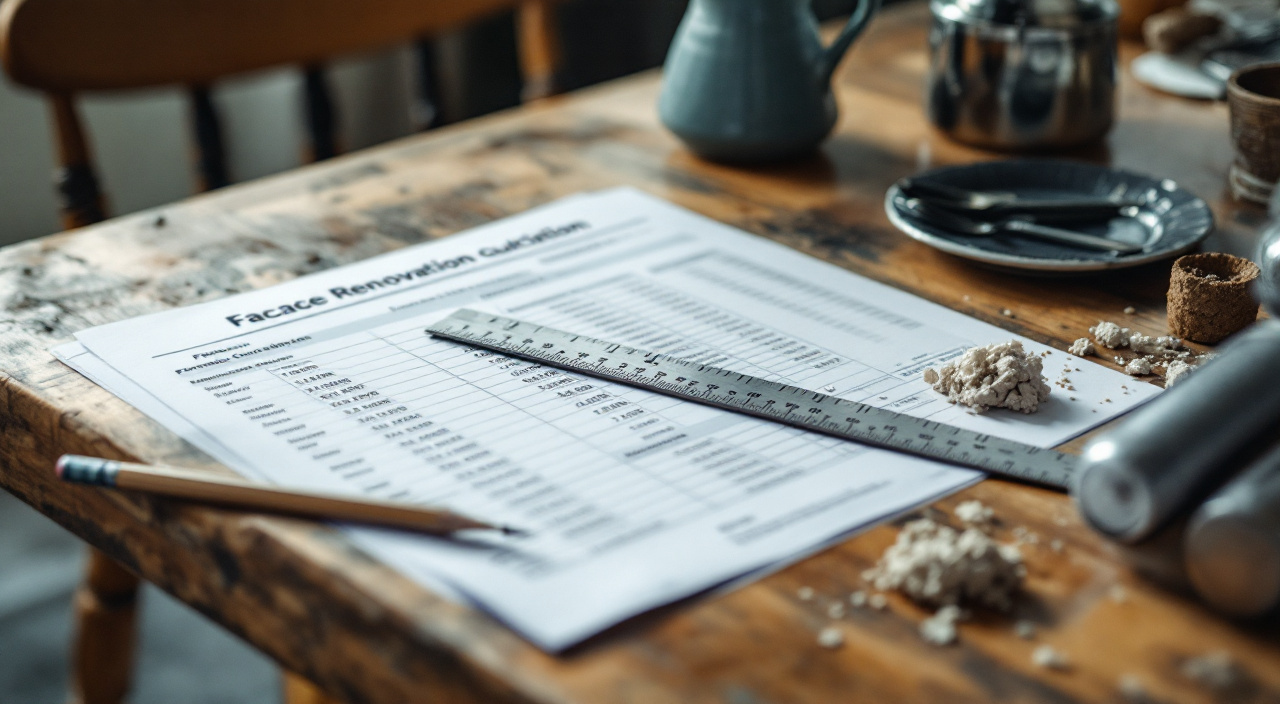 Un devis de ravalement et une fiche technique de fabricant posés côte à côte sur une table, avec un mètre pliant et un crayon