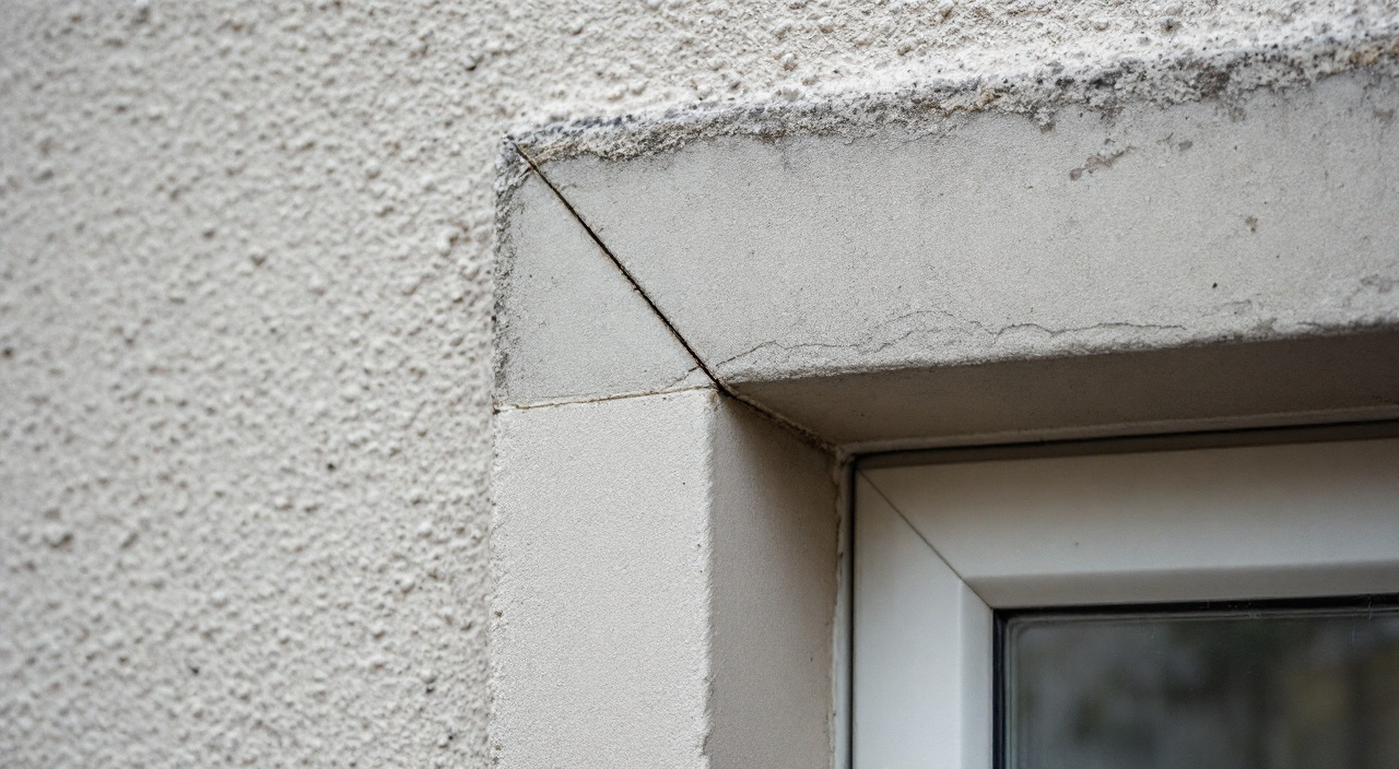 Angle supérieur d'une fenêtre sur une façade enduite, fissure oblique traversant une reprise de rebouchage plus claire
