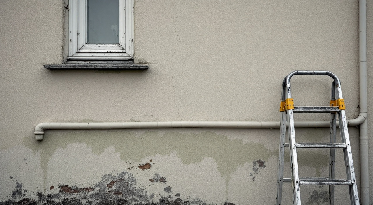 Façade enduite cinq ans après travaux, microfissures près d'un appui, traînée verte sous une descente d'eau et cloque de revêtement en pied de mur