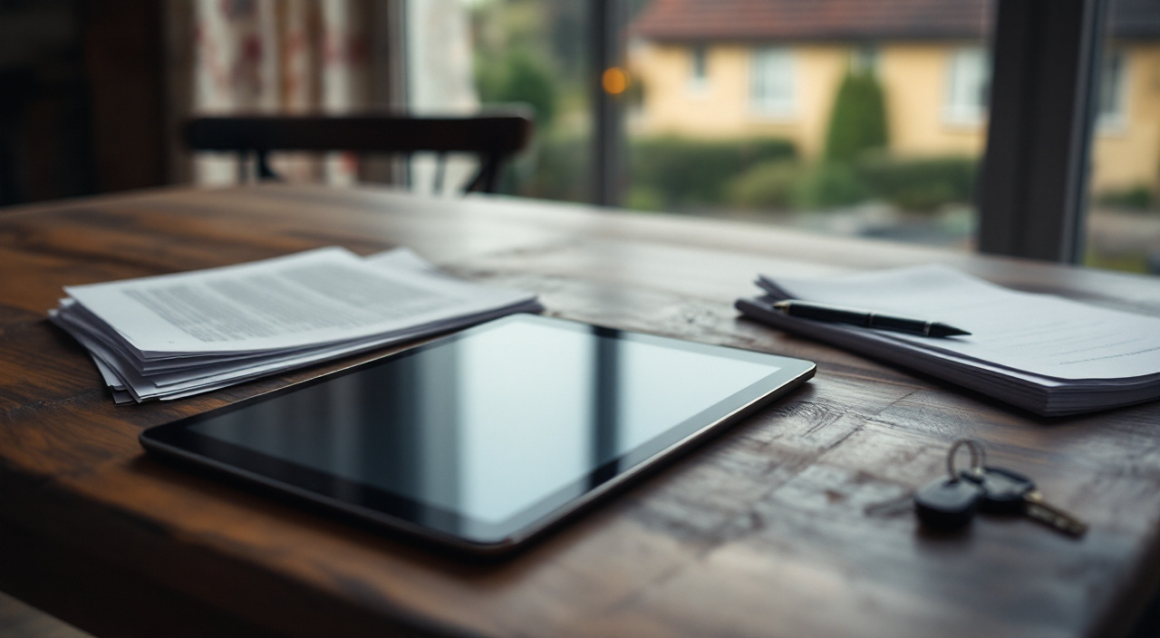 Tablette éteinte posée sur une table de cuisine à côté de documents papier et d'un stylo