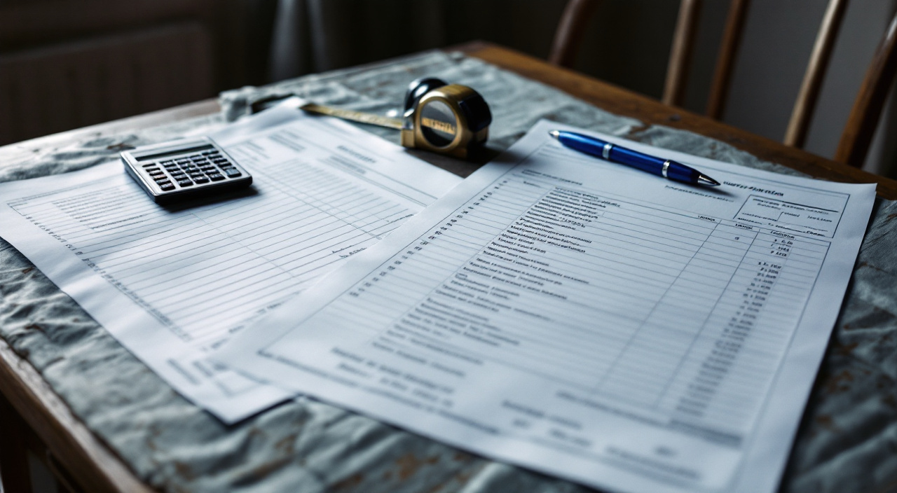 Deux devis de ravalement posés côte à côte sur une table, avec une calculatrice et un mètre ruban