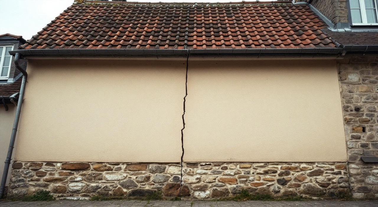 Fissure verticale rectiligne traversant un enduit neuf de façade, alignée avec une rupture de la ligne de toiture