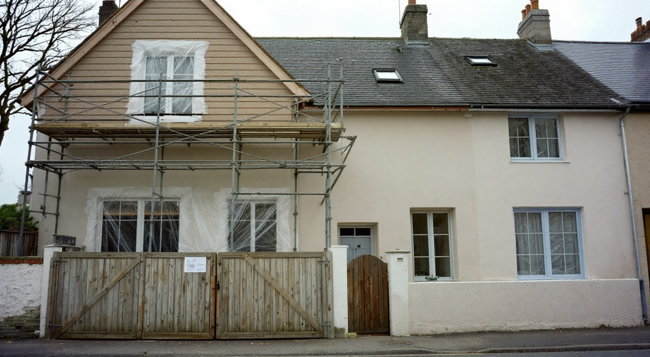 Facade fraichement enduite avec un echafaudage en cours de demontage et des protections encore en place