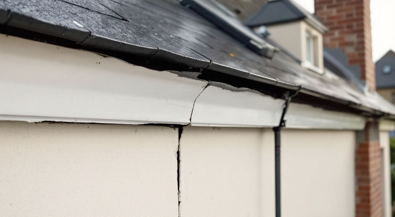 Raccord entre une toiture d'ardoise et un mur enduit, fermé par un cordon de mastic silicone fissuré au lieu d'un solin métallique.
