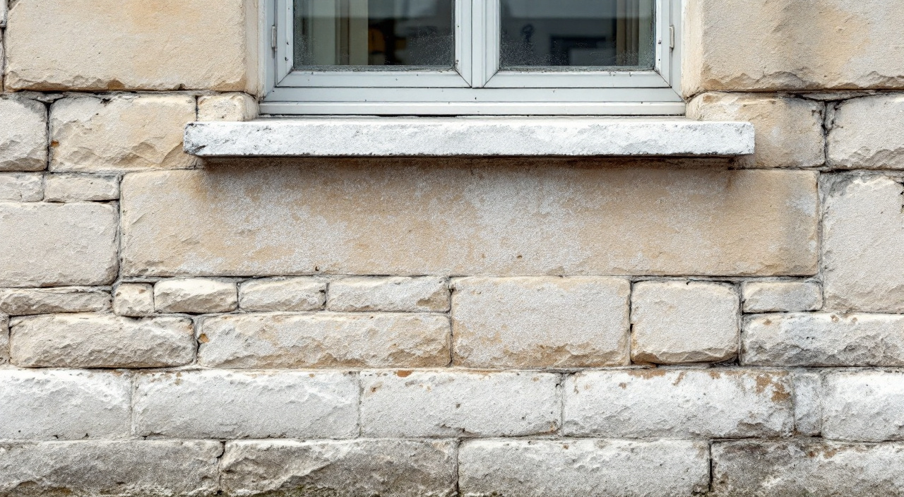 Section de façade en pierre calcaire et brique aux joints creusés, avec des voiles blancs d'efflorescences sous un appui de fenêtre