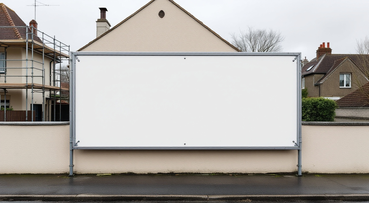 Panneau publicitaire vierge fixé sur un muret devant une façade fraîchement ravalée, échafaudage encore en place