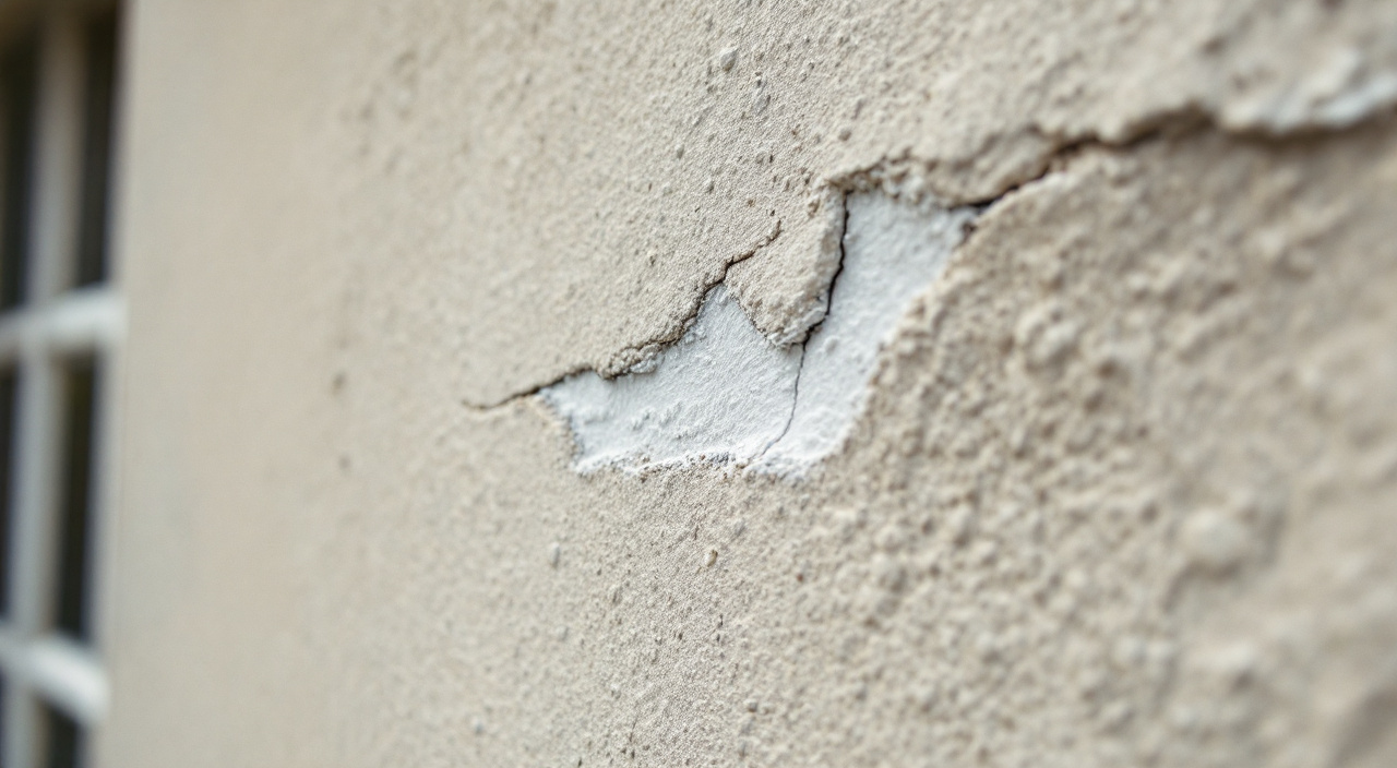 Bande de plâtre posée en travers d'une fissure fine sur un enduit de façade, en lumière rasante
