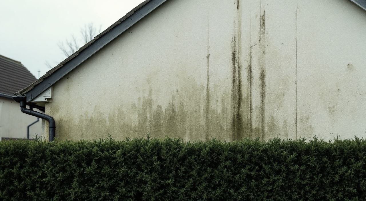 Pignon nord d'un pavillon couvert d'algues vertes sous une descente d'eau fendue, haie de conifères contre le mur