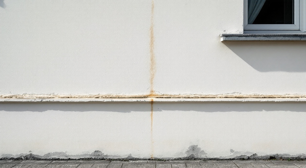 Façade enduite éclairée en lumière rasante montrant un faïençage fin et une coulure sombre sous un appui de fenêtre