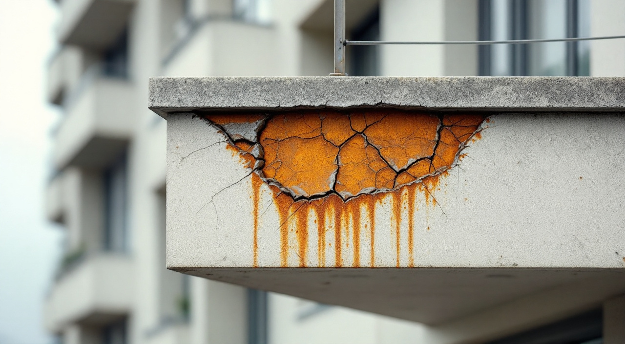 Scellement de garde-corps corrodé faisant éclater l'enduit en étoile sur un nez de dalle de balcon
