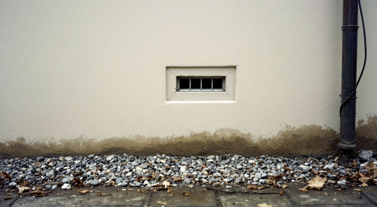 Grille d'aération basse de vide sanitaire presque entièrement recouverte par un enduit neuf, au pied d'un mur taché d'humidité
