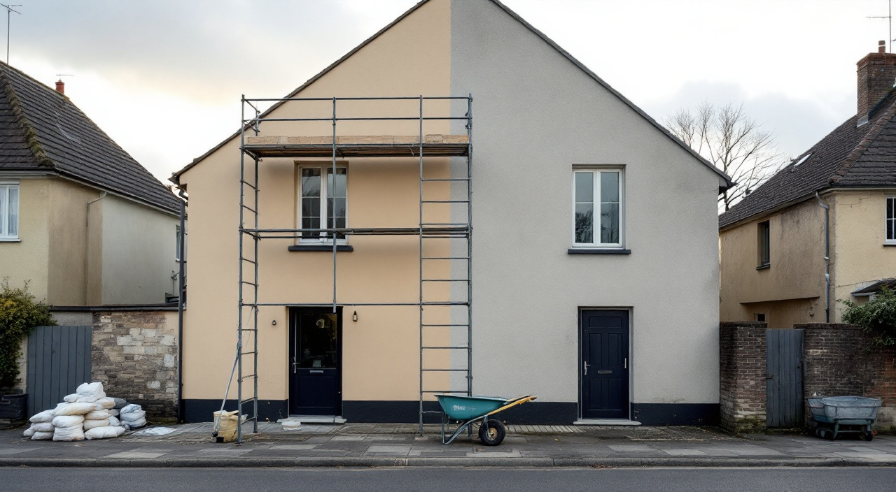 Échafaudage dressé devant une maison, une partie de la façade enduite de frais, l'autre encore grise, sacs d'enduit entamés au pied du mur