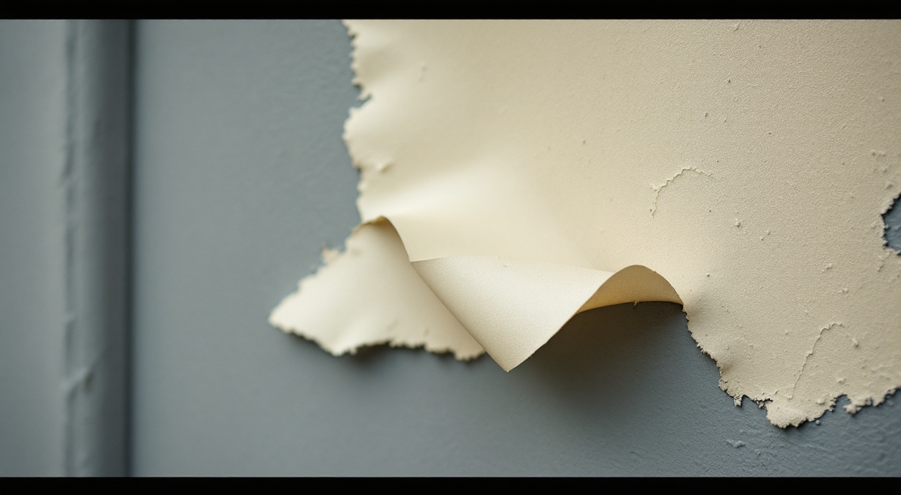 Écaille de peinture de façade décollée, laissant voir l'enduit gris et la poussière au dos du film