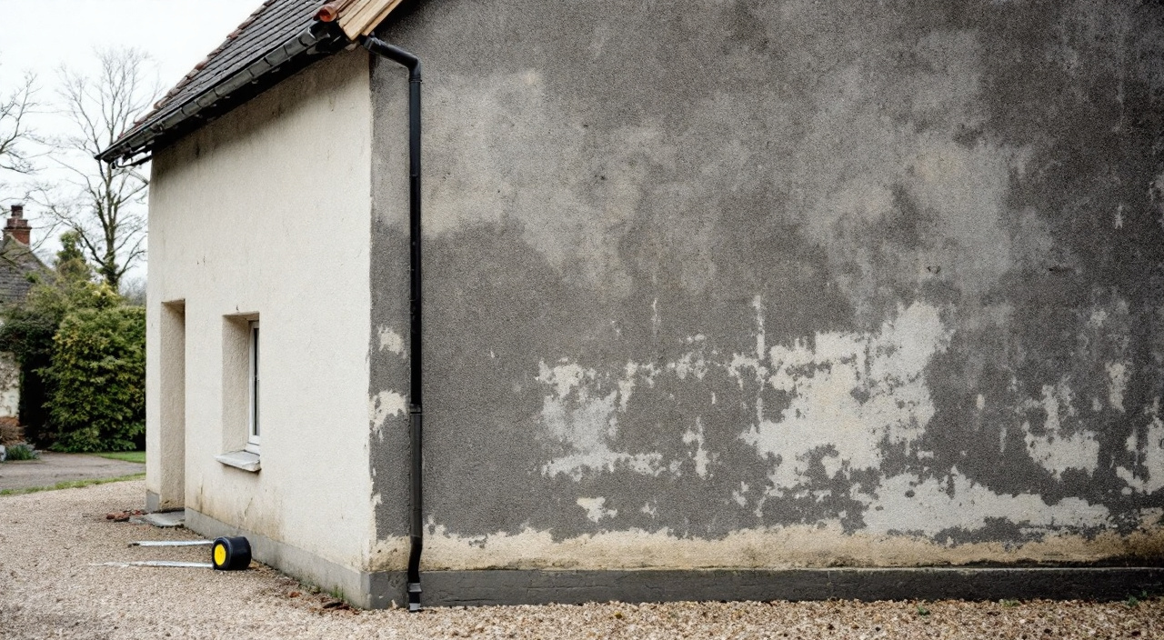 Maison dont la façade sur rue est enduite à neuf tandis que le pignon voisin reste encrassé, la limite entre les deux marquée par l'angle du mur