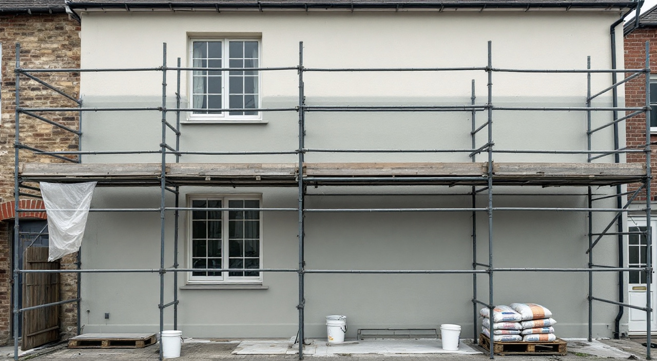 Façade sous échafaudage dont la couche de fond s'arrête net à hauteur de plancher, tableau de fenêtre laissé nu.