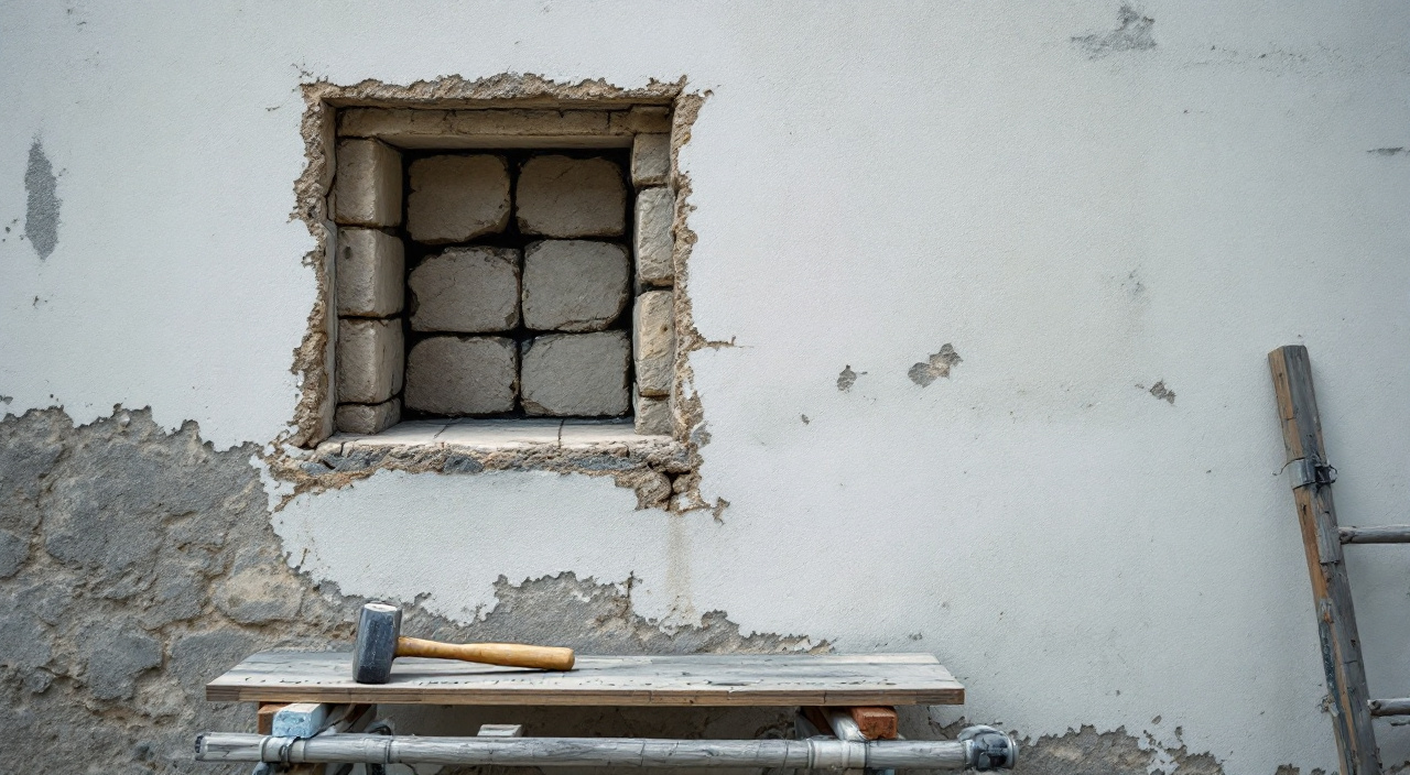 Fenêtre d'essai ouverte dans un enduit de façade jusqu'à la maçonnerie, zones creuses entourées à la craie