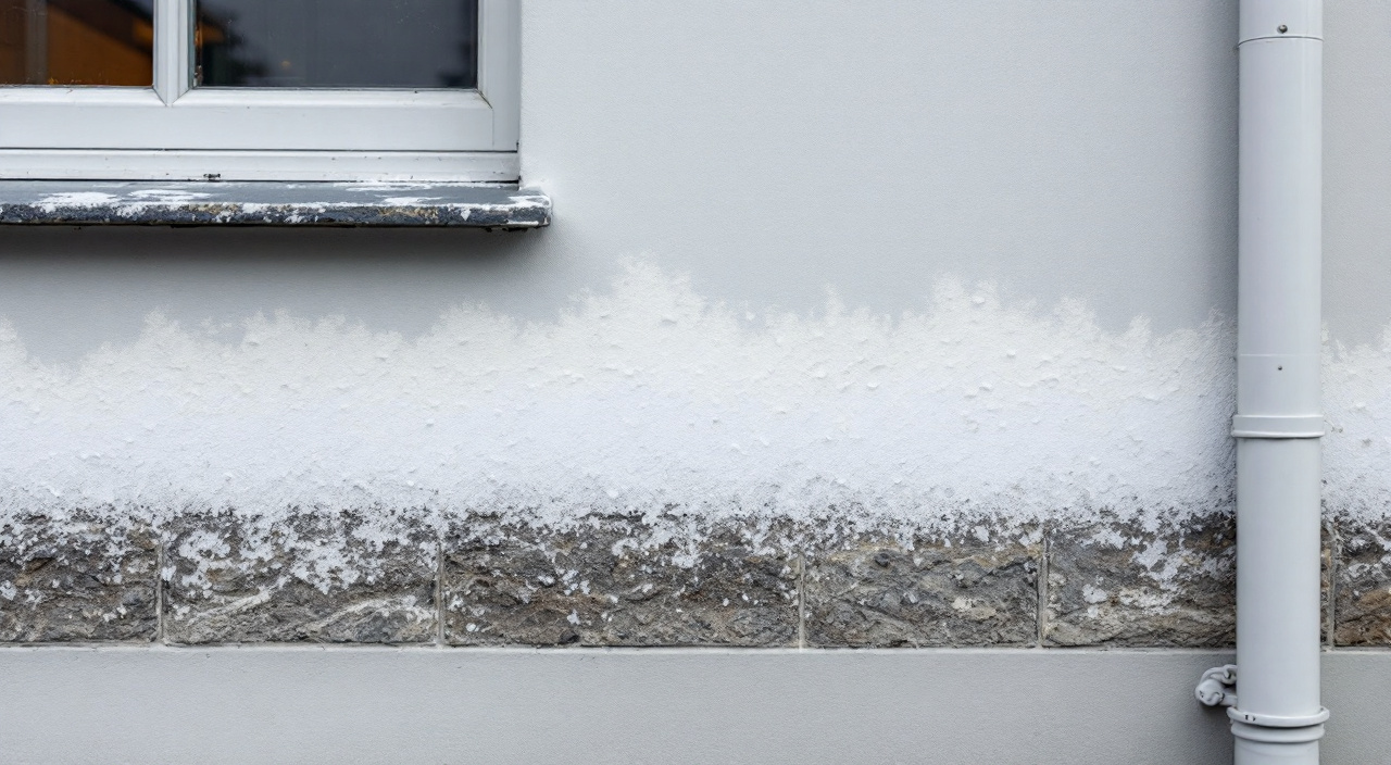 Dépôt blanc poudreux sur un enduit de façade récent, en bande au-dessus d'un appui en pierre.