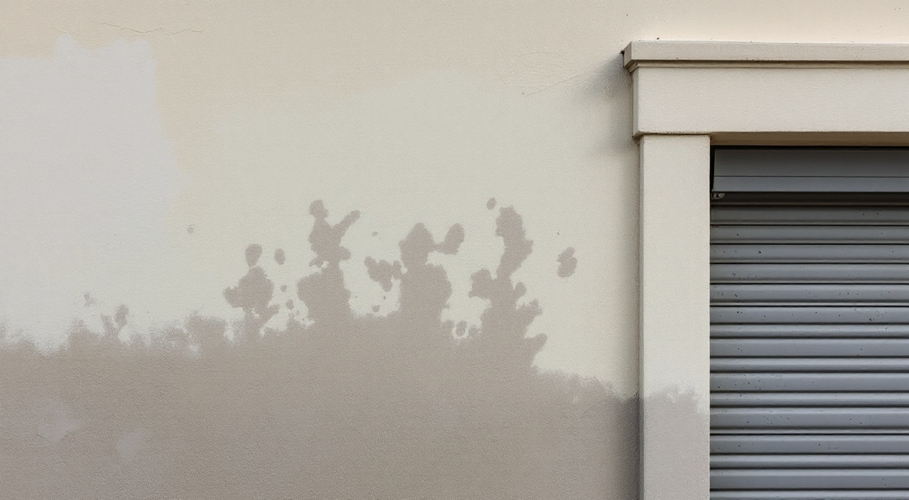 Façade fraîchement enduite dont le bas de mur reste sombre, l'enduit s'arrêtant contre un coffret de volet roulant non déposé