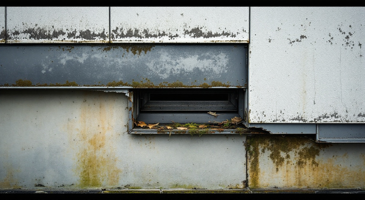 Pied de bardage des années 1980 : bavette encrassée, mousse et feuilles obstruant la ventilation basse