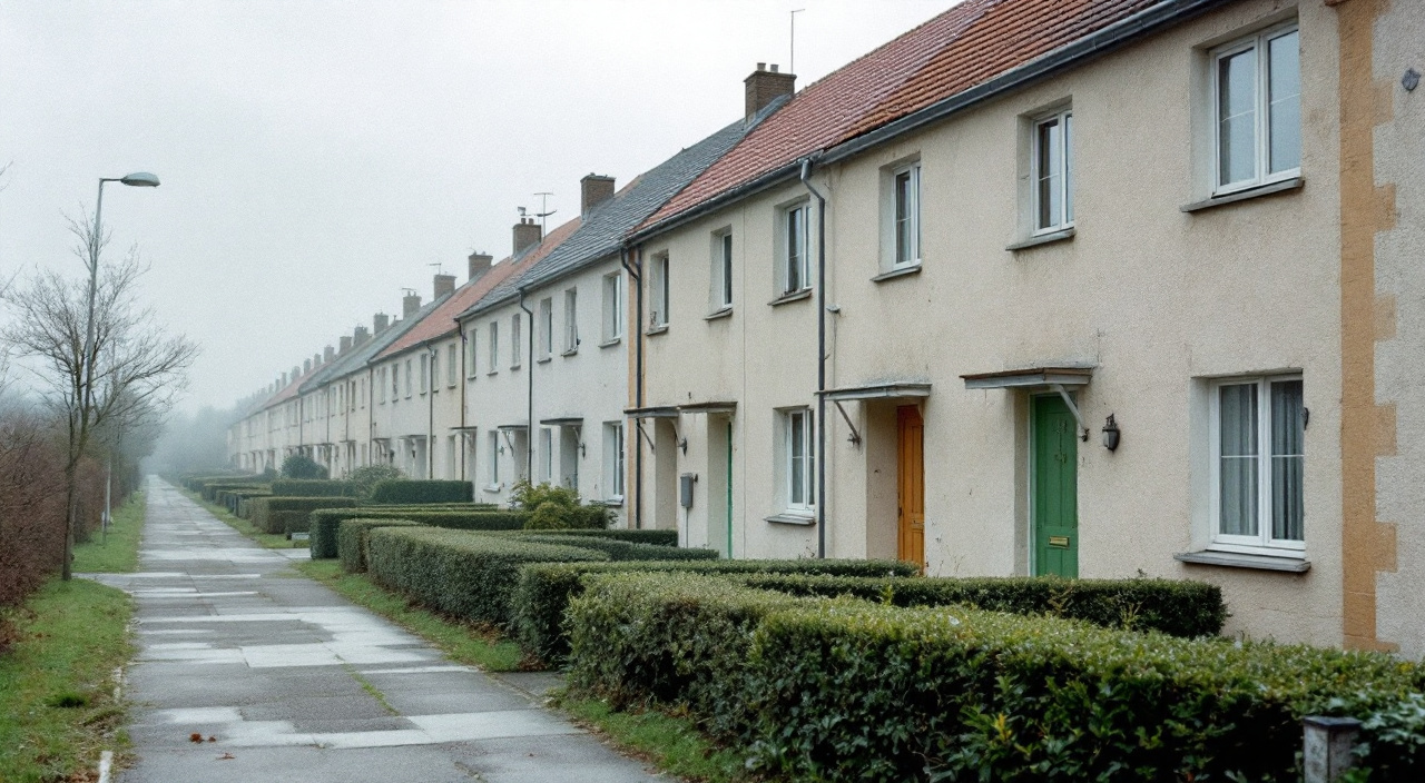 Rangée de maisons en bande des années 1970 aux enduits vieillis de manière identique, le long d'un cheminement piéton.
